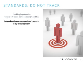 STANDARDS: DO NOT TRACK
Tracking is pervasive
because it feeds personalization and UX
Data collection across unrelated con...