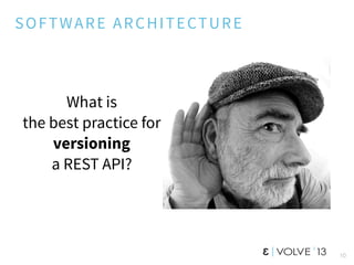 SOFTWARE ARCHITECTURE
What is
the best practice for
versioning
a REST API?
10
 
