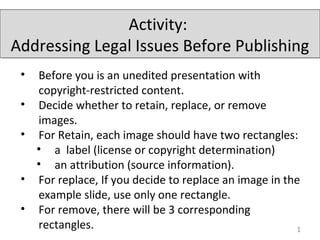 Activity:
Addressing Legal Issues Before Publishing
1
• Before you is an unedited presentation with
copyright-restricted content.
• Decide whether to retain, replace, or remove
images.
• For Retain, each image should have two rectangles:
• a label (license or copyright determination)
• an attribution (source information).
• For replace, If you decide to replace an image in the
example slide, use only one rectangle.
• For remove, there will be 3 corresponding
rectangles.
 