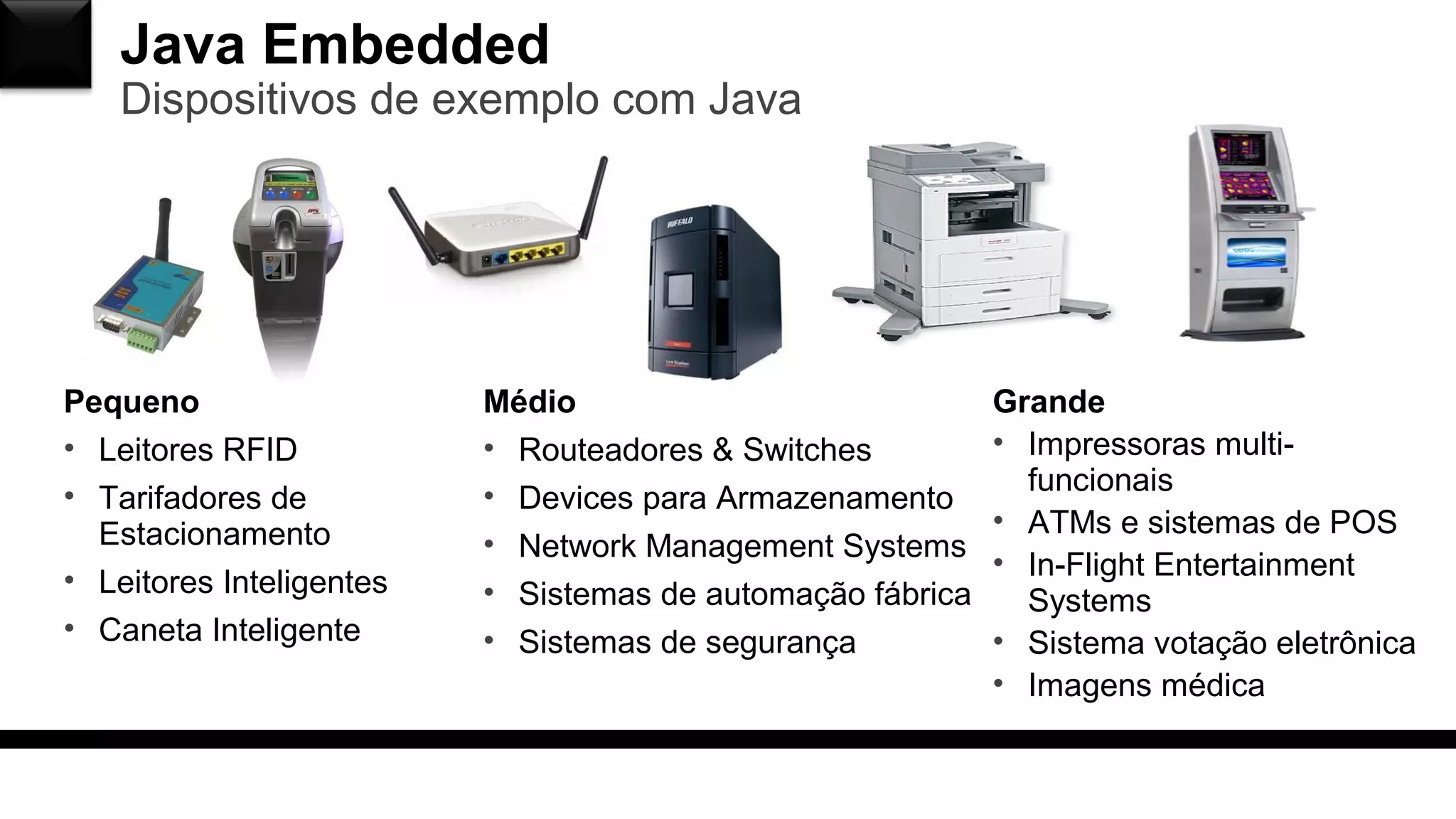 Java Embedded
Dispositivos de exemplo com Java
Pequeno
• Leitores RFID
• Tarifadores de
Estacionamento
• Leitores Inteligentes
• Caneta Inteligente
Médio
• Routeadores & Switches
• Devices para Armazenamento
• Network Management Systems
• Sistemas de automação fábrica
• Sistemas de segurança
Grande
• Impressoras multi-
funcionais
• ATMs e sistemas de POS
• In-Flight Entertainment
Systems
• Sistema votação eletrônica
• Imagens médica
 