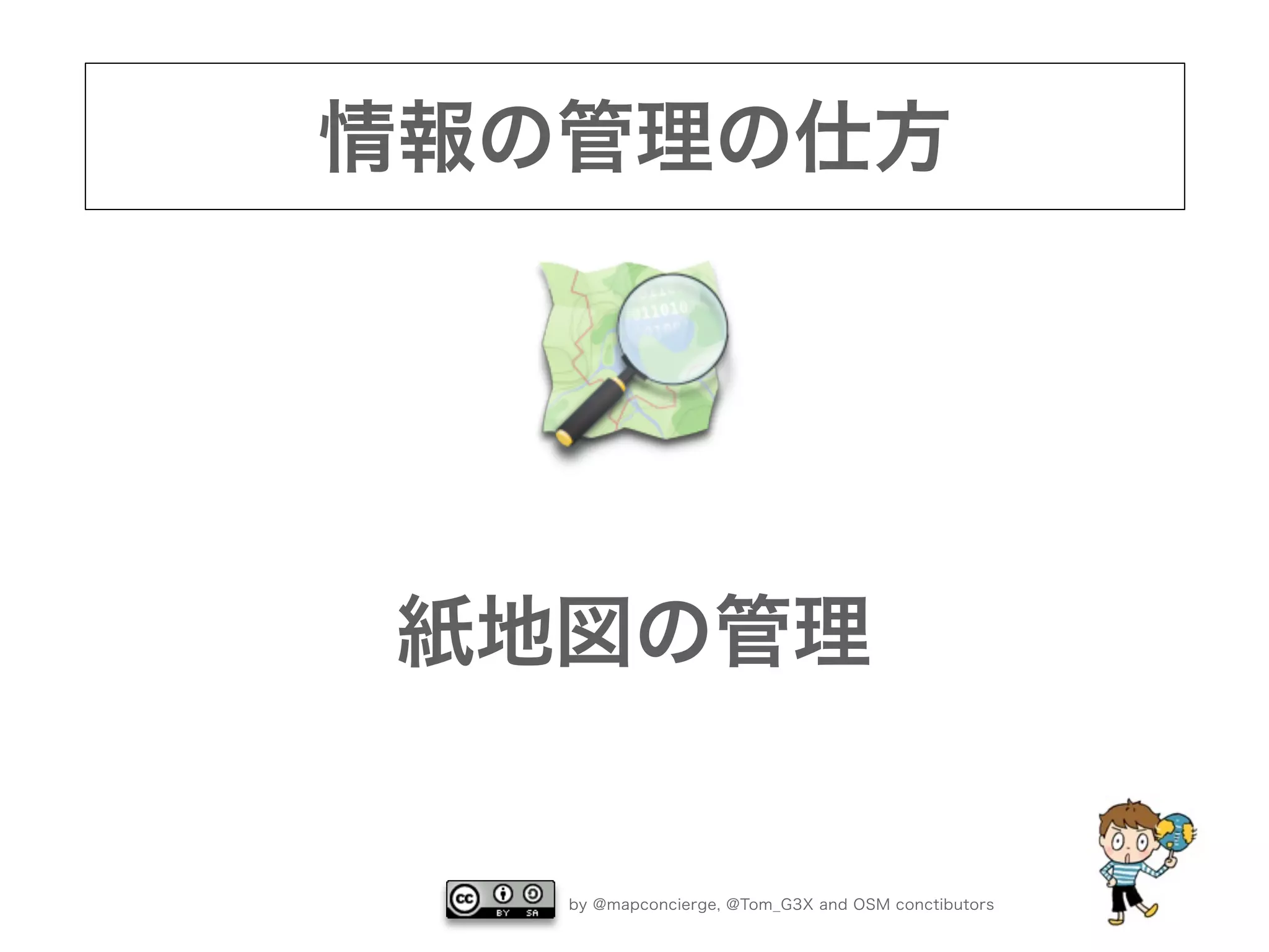 by @mapconcierge, @Tom_G3X and OSM conctibutors
情報の管理の仕方
紙地図の管理
 