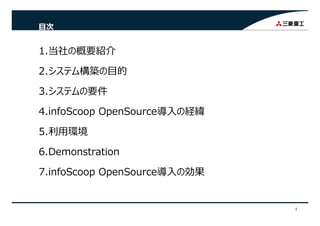 ⽬次
1.当社の概要紹介
2.システム構築の⽬的
3 シ ム 要件3.システムの要件
4 infoScoop OpenSource導⼊の経緯4.infoScoop OpenSource導⼊の経緯
5.利⽤環境
6.Demonstration
7.infoScoop OpenSource導⼊の効果
1
 