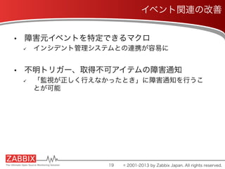 •  障害元イベントを特定できるマクロ
ü  インシデント管理システムとの連携が容易に
•  不明トリガー、取得不可アイテムの障害通知
ü  「監視が正しく行えなかったとき」に障害通知を行うこ
とが可能
19
イベント関連の改善
© 2001-2013 by Zabbix Japan. All rights reserved.
 