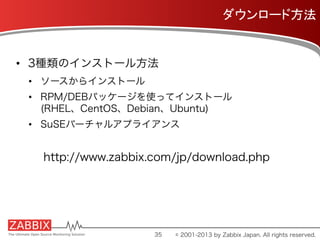 ダウンロード方法	
http://www.zabbix.com/jp/download.php
35
•  3種類のインストール方法
•  ソースからインストール
•  RPM/DEBパッケージを使ってインストール
(RHEL、CentOS、Debian、Ubuntu)
•  SuSEバーチャルアプライアンス
© 2001-2013 by Zabbix Japan. All rights reserved.
 