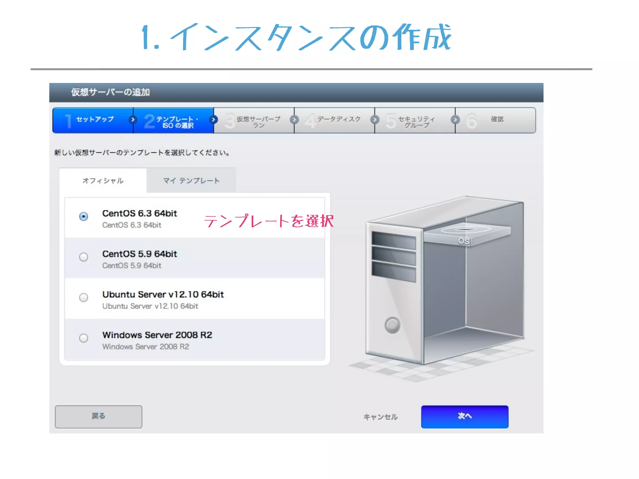 1.インスタンスの作成
テンプレートを選択
 