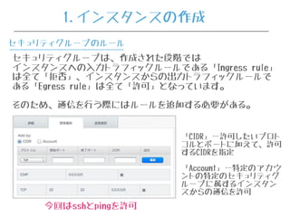 セキュリティグループは、作成された段階では
インスタンスへの入力トラフィックルールである「Ingress rule」
は全て「拒否」、インスタンスからの出力トラフィックルールで
ある「Egress rule」は全て「許可」となっています。
そのため、通信を行う際にはルールを追加する必要がある。
「CIDR」…許可したいプロト
コルとポートに加えて、許可
するCIDRを指定
「Account」…特定のアカウ
ントの特定のセキュリティグ
ループに属するインスタン
スからの通信を許可
今回はsshとpingを許可
1.インスタンスの作成
セキュリティグループのルール
 