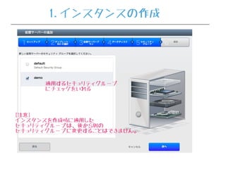 適用するセキュリティグループ
にチェックをいれる
[注意]
インスタンスを作成時に適用した
セキュリティグループは、後から別の
セキュリティグループに変更することはできません。
1.インスタンスの作成
 