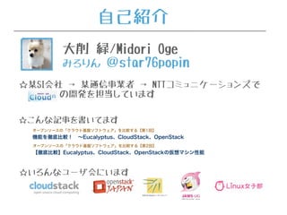 自己紹介
大削 緑/Midori Oge
みろりん ＠star76popin
☆某SI会社 → 某通信事業者 → NTTコミュニケーションズで
の開発を担当しています
☆こんな記事を書いてます
オープンソースの「クラウド基盤ソフトウェア」を比較する【第1回】
機能を徹底比較！ ∼Eucalyptus、CloudStack、OpenStack
オープンソースの「クラウド基盤ソフトウェア」を比較する【第2回】
【徹底比較】Eucalyptus、CloudStack、OpenStackの仮想マシン性能
☆いろんなユーザ会にいます
 