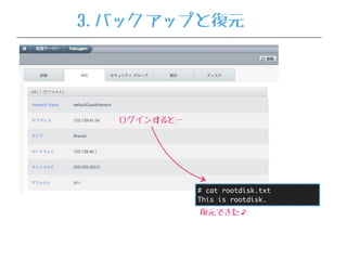 ログインすると…
復元できた♪
# cat rootdisk.txt
This is rootdisk.
3.バックアップと復元
 