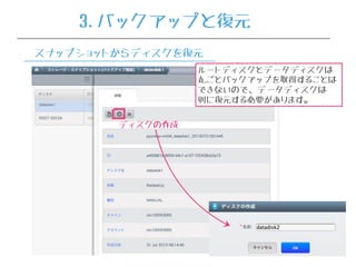 3.バックアップと復元
ディスクの作成
スナップショットからディスクを復元
ルートディスクとデータディスクは
丸ごとバックアップを取得することは
できないので、データディスクは
別に復元する必要があります。
 