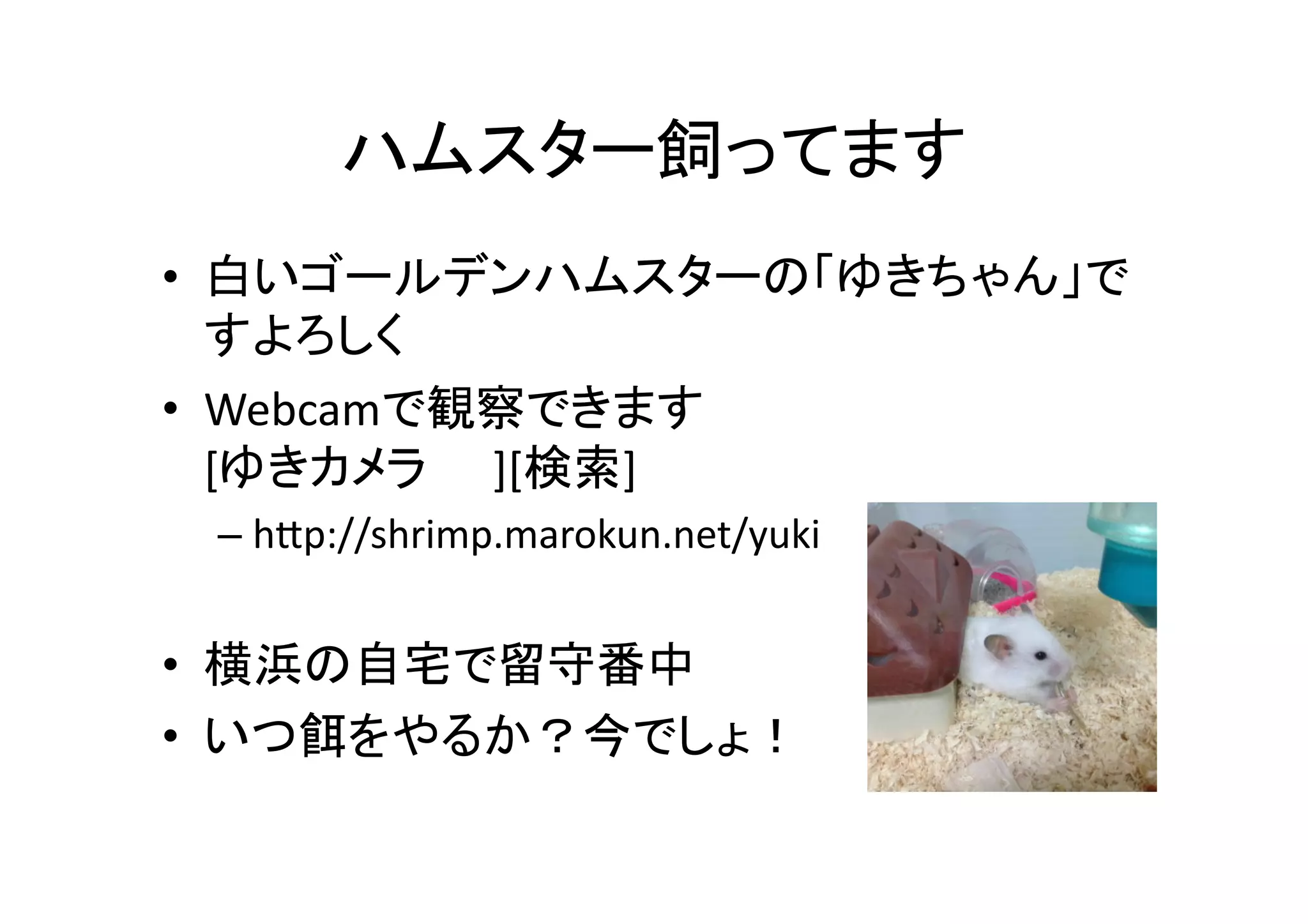 ハムスター飼ってます	
•  白いゴールデンハムスターの「ゆきちゃん」で
すよろしく	
  
•  Webcamで観察できます	
  
[ゆきカメラ　　][検索]	
  
– hPp://shrimp.marokun.net/yuki	
  
•  横浜の自宅で留守番中	
  
•  いつ餌をやるか？今でしょ！	
 
