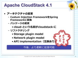 •  アーキテクチャの変更更
–  Custum  Injection  FrameworkをSpring  
Frameworkに変換
–  パッケージの変更更
• cloud-‐‑‒という名前がcloudstack-‐‑‒に
–  リファクタリング
• Storage  plugin  model
• Network  plugin  model
• API  implementation（互換あり）
Copyright (C) 2013 Japan CloudStack User Group All Rights Reserved. 19	
 
Apache CloudStack 4.1	
今後、より柔軟に拡張可能
 