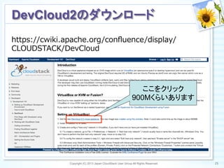 https://cwiki.apache.org/conﬂuence/display/
CLOUDSTACK/DevCloud
Copyright (C) 2013 Japan CloudStack User Group All Rights Reserved. 25	
 
DevCloud2のダウンロード	
ここをクリック
900Mくらいあります	
 