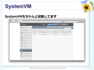 SystemVMもちゃんと起動してます
Copyright (C) 2013 Japan CloudStack User Group All Rights Reserved. 63	
 
SystemVM	
 