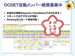 •  本格的な環境のApache  CloudStackでさわれます！
•  リモートでのアクセスが可能！
•  Meetingもリモート参加可能！
Copyright (C) 2013 Japan CloudStack User Group All Rights Reserved. 88	
 
OCDET活動メンバー絶賛募集中	
 