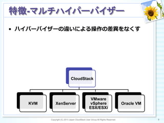 Copyright (C) 2013 Japan CloudStack User Group All Rights Reserved. 9	
 
特徴-マルチハイパーバイザー	
•  ハイパーバイザーの違いによる操作の差異異をなくす
CloudStack
KVM XenServer
VMware
vSphere
ESX/ESXi
Oracle VM
 