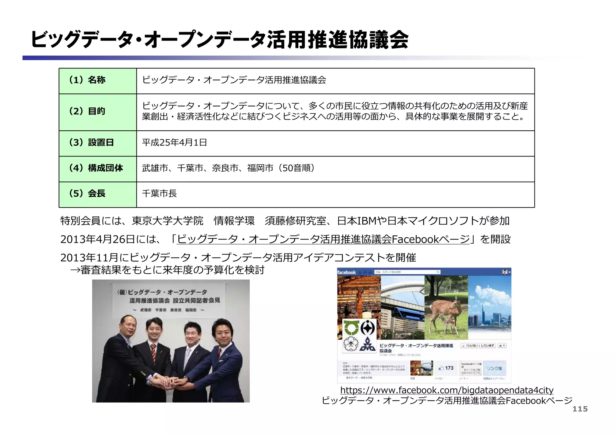 115
ビッグデータ・オープンデータ活用推進協議会
（1）名称 ビッグデータ・オープンデータ活用推進協議会
（2）目的
ビッグデータ・オープンデータについて、多くの市民に役立つ情報の共有化のための活用及び新産
業創出・経済活性化などに結びつくビジネスへの活用等の面から、具体的な事業を展開すること。
（3）設置日 平成25年4月1日
（4）構成団体 武雄市、千葉市、奈良市、福岡市（50音順）
（5）会長 千葉市長
特別会員には、東京大学大学院 情報学環 須藤修研究室、日本IBMや日本マイクロソフトが参加
2013年4月26日には、「ビッグデータ・オープンデータ活用推進協議会Facebookページ」を開設
2013年11月にビッグデータ・オープンデータ活用アイデアコンテストを開催
→審査結果をもとに来年度の予算化を検討
https://www.facebook.com/bigdataopendata4city
ビッグデータ・オープンデータ活用推進協議会Facebookページ
 