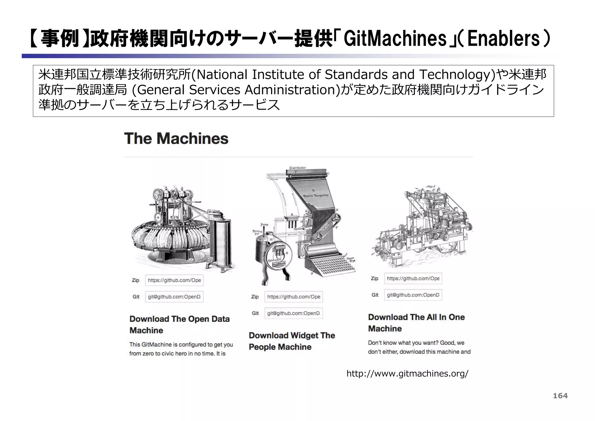 164
【事例】政府機関向けのサーバー提供「GitMachines」（Enablers）
米連邦国立標準技術研究所(National Institute of Standards and Technology)や米連邦
政府一般調達局 (General Services Administration)が定めた政府機関向けガイドライン
準拠のサーバーを立ち上げられるサービス
http://www.gitmachines.org/
 