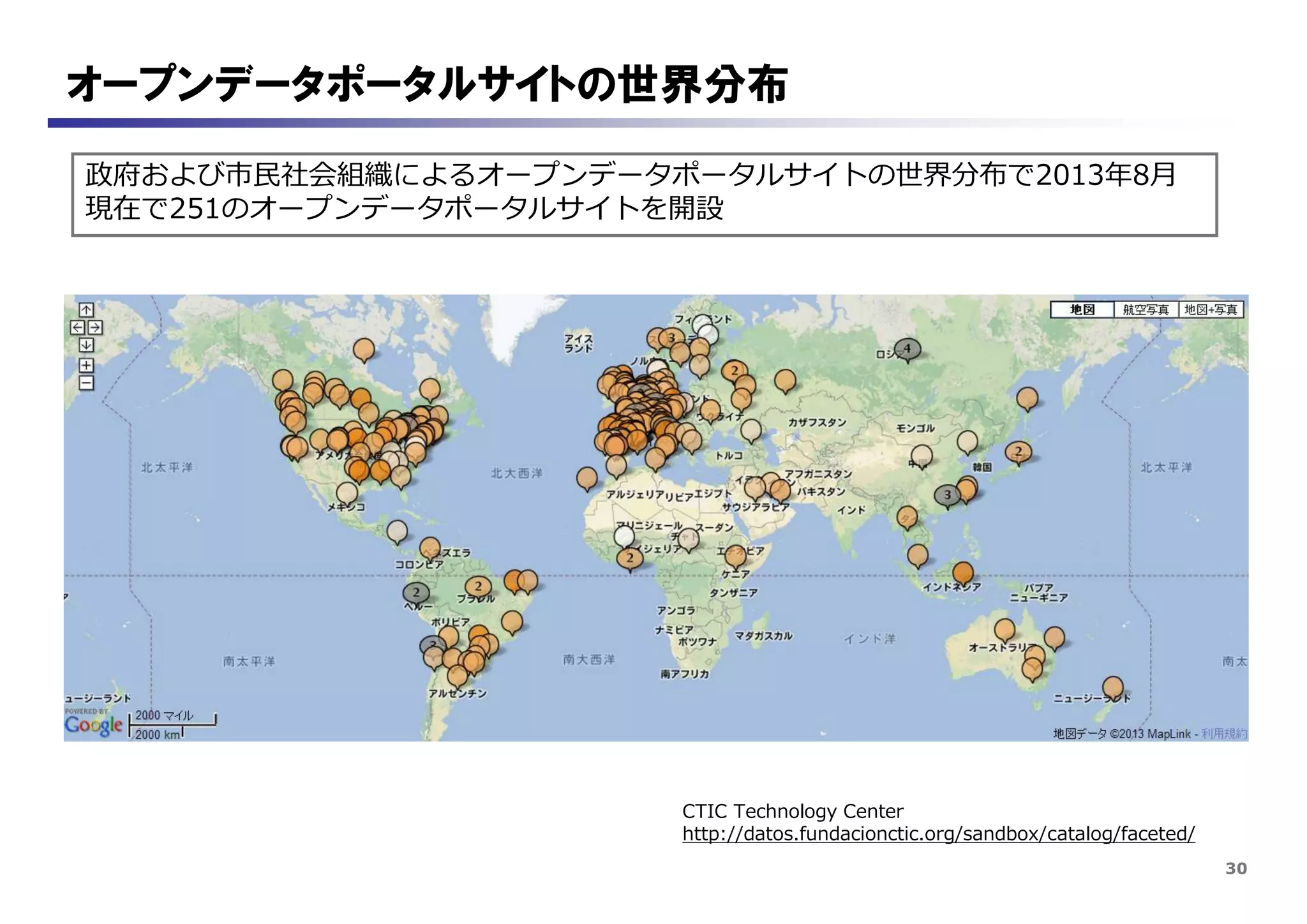 30
オープンデータポータルサイトの世界分布
政府および市民社会組織によるオープンデータポータルサイトの世界分布で2013年8月
現在で251のオープンデータポータルサイトを開設
CTIC Technology Center
http://datos.fundacionctic.org/sandbox/catalog/faceted/
 