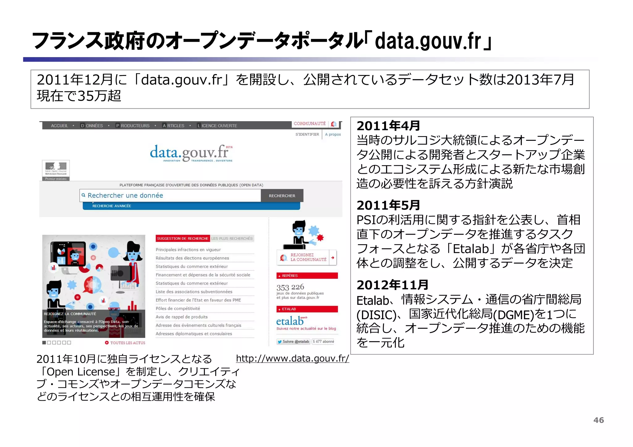 46
2011年12月に「data.gouv.fr」を開設し、公開されているデータセット数は2013年7月
現在で35万超
フランス政府のオープンデータポータル「data.gouv.fr」
http://www.data.gouv.fr/2011年10月に独自ライセンスとなる
「Open License」を制定し、クリエイティ
ブ・コモンズやオープンデータコモンズな
どのライセンスとの相互運用性を確保
2011年4月
当時のサルコジ大統領によるオープンデー
タ公開による開発者とスタートアップ企業
とのエコシステム形成による新たな市場創
造の必要性を訴える方針演説
2011年5月
PSIの利活用に関する指針を公表し、首相
直下のオープンデータを推進するタスク
フォースとなる「Etalab」が各省庁や各団
体との調整をし、公開するデータを決定
2012年11月
Etalab、情報システム・通信の省庁間総局
(DISIC)、国家近代化総局(DGME)を1つに
統合し、オープンデータ推進のための機能
を一元化
 