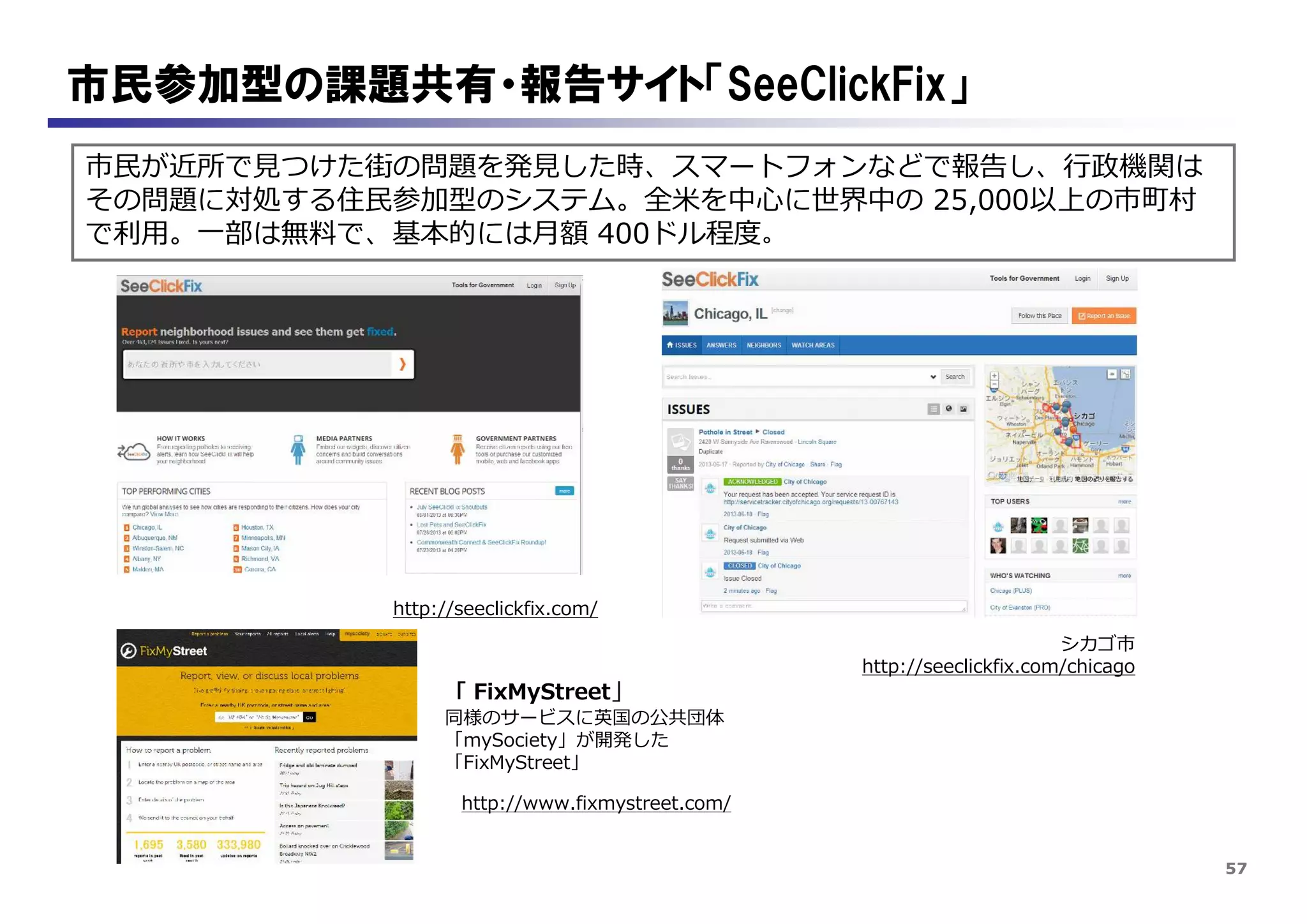 57
市民参加型の課題共有・報告サイト「SeeClickFix」
市民が近所で見つけた街の問題を発見した時、スマートフォンなどで報告し、行政機関は
その問題に対処する住民参加型のシステム。全米を中心に世界中の 25,000以上の市町村
で利用。一部は無料で、基本的には月額 400ドル程度。
http://seeclickfix.com/
シカゴ市
http://seeclickfix.com/chicago
「 FixMyStreet」
同様のサービスに英国の公共団体
「mySociety」が開発した
「FixMyStreet」
http://www.fixmystreet.com/
 