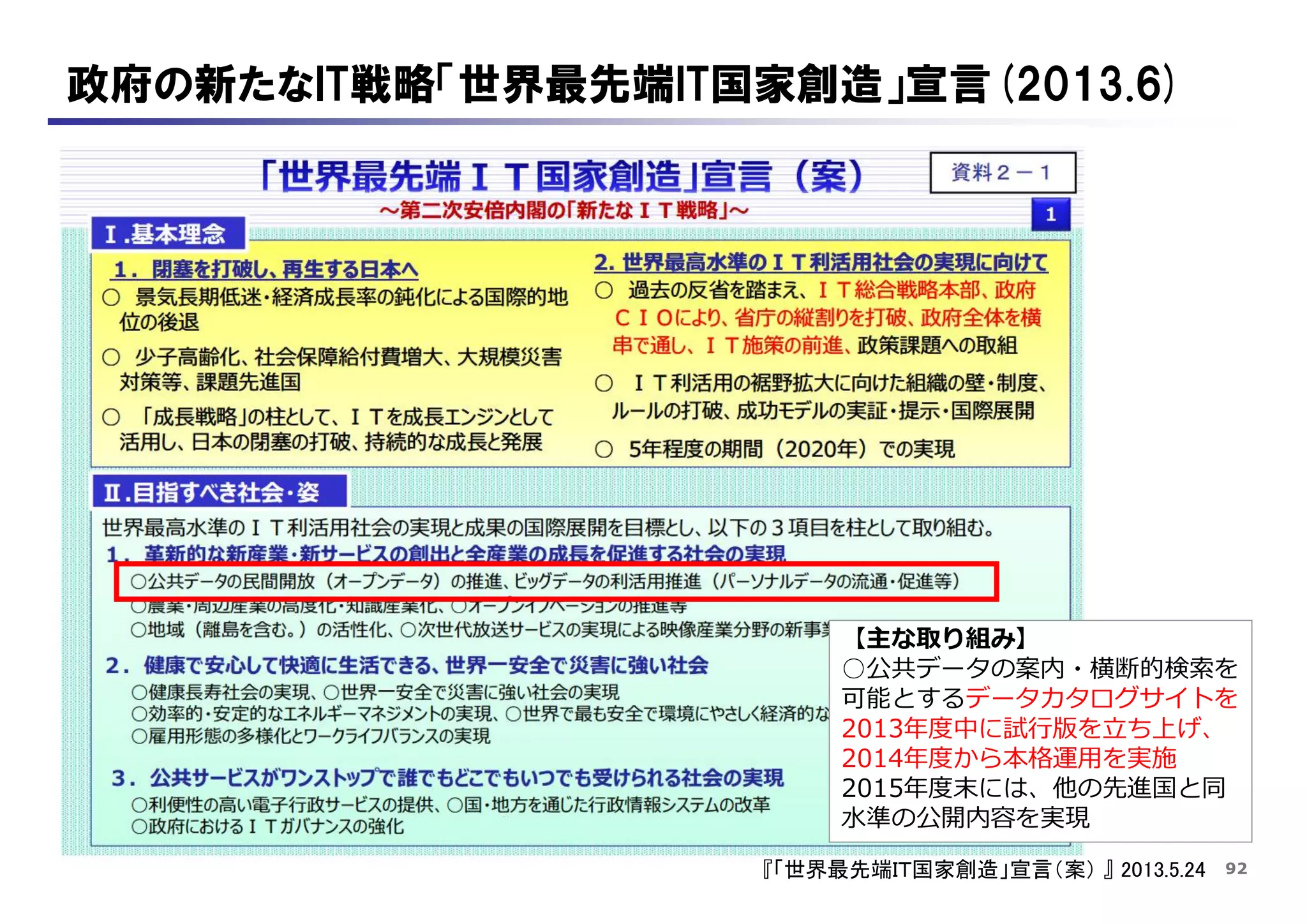 92
政府の新たなIT戦略「世界最先端IT国家創造」宣言(2013.6)
『「世界最先端ＩＴ国家創造」宣言（案） 』 2013.5.24
【主な取り組み】
○公共データの案内・横断的検索を
可能とするデータカタログサイトを
2013年度中に試行版を立ち上げ、
2014年度から本格運用を実施
2015年度末には、他の先進国と同
水準の公開内容を実現
 