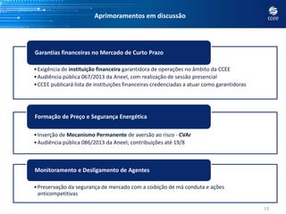 Aprimoramentos em discussão
13
•Exigência de instituição financeira garantidora de operações no âmbito da CCEE
•Audiência pública 067/2013 da Aneel, com realização de sessão presencial
•CCEE publicará lista de instituições financeiras credenciadas a atuar como garantidoras
Garantias financeiras no Mercado de Curto Prazo
•Inserção de Mecanismo Permanente de aversão ao risco - CVAr
•Audiência pública 086/2013 da Aneel; contribuições até 19/8
Formação de Preço e Segurança Energética
•Preservação da segurança de mercado com a coibição de má conduta e ações
anticompetitivas
Monitoramento e Desligamento de Agentes
 