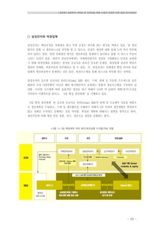 [토론회] 삼성전자 사례로 본 전자산업 하청 노동자 건강과 인권 실태 2013/08/07
- 23 -
○ 삼성전자와 하청업체
삼성전자는 핵심공정을 자체생산 하고 주변 공정은 외주화 하는 방식을 택하고 있음. 탈 생산
방식은 불황 시 생산리스크를 외부화 할 수 있으나, 단점은 생산에 대한 통제 능력 역시 외부화
되어 있다는 점임. 반면 자체생산 방식은 생산과정을 통제하기 용이하나 불황 시 리스크 부담이
크다는 단점이 있음. 따라서 삼성전자에게는 자체생산방식의 장점을 극대화하고 단점을 보완하
기 위해 하청업체를 포괄하는 철저한 공급사슬 관리가 중요한 문제임. 하청업체 관리의 핵심은
생산의 일체화, 비용부담의 외부화라고 할 수 있음. 즉, 삼성전자는 자체생산 뿐만 아니라 하청
업체의 생산과정까지 통제하는 것은 물론, 하청시스템을 통해 리스크를 외부화 하는 전략임.
삼성전자의 글로벌 공급사슬 관리는(Global SCM) 제조, 구매, 판매 등 부문별 프로세스를 표준
화하여 국내 사업부뿐만 아니라 해외 현지법인까지 포괄하는 통합적 정보시스템을 구축하여 관
리함. 이러한 시스템에 따라 효율적인 생산을 하기 위해서 1년에 약 52번의 계획/분석/조정을
거치면서 시행착오를 줄이고, ‘3일 확정 생산체제’를 시행하고 있음.
‘3일 확정 생산체제’란 글로벌 공급사슬 관리(Global SCM)의 판매 및 수요예측 정보를 바탕으
로 생산계획을 수립하고, 구매 및 제조활동을 수행하기 위해서 3일 이내의 생산계획은 변경하지
않고 정해진 규칙대로 실행하는 것을 의미함. 확정된 계획에 대해서는 불변을 원칙으로 하여,
생산주문에 의해 생산 당일 정량, 정시, 정순으로 생산을 실행하는 방식.
<그림 1> 3일 확정체제 하의 MES(제조실행 시스템)개념 모델
 