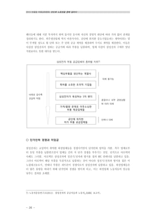 2013 반올림 여름공동행동 반도체 노동권을 향해 달리다
- 26 -
벤더들에 대해 지분 투자까지 하며 돕지만 동시에 자신의 경영적 판단에 따라 가차 없이 관계를
정리하기도 한다. 외주생산업체 역시 마찬가지다. 공단에 위치한 중소기업들과는 계약이라는 말
이 무색할 정도로 월 단위 또는 주 단위 공급 계약을 체결하며 수시로 계약을 체결한다. 이들은
사실상 삼성전자가 정하는 공급가에 따라 부품을 납품하며, 업체 사장이 삼성전자 구매부 말단
직원보다도 못한 대우를 받는다.
삼성전자 부품 공급업체의 층위별 지위7)
핵심부품을 생산하는 계열사
특허를 소유한 초국적 기업들
삼성전자가 육성하는 1차 벤더
가격/물량 문제로 아웃소싱한
부품 제공업체들
공단에 위치한
저가 부품 공급업체들
대체 불가능
품질이나 내부 경영상황
에 따라 대체
언제나 대체
아래로 갈수록
교섭력 약함
○ 단가인하 경쟁과 저임금
삼성전자는 교섭력이 취약한 하청업체들을 경쟁시키면서 단가인하 압력을 가함. 복수 업체로부
터 동일 부품을 납품받으면서 업체들 간의 저 단가 경쟁을 부추기는 것임. 단적으로 아모텍의
사례도 그러함. 아모텍은 삼성전자에 정전기/전자파 방지용 칩과 NFC 안테나를 납품하고 있음.
그러나 아모텍이 해당 부품을 독점적으로 납품하는 것이 아니라 정전기/전자파 방지용 칩은 이
노칩테크놀로지, 안테나 부품은 파트론이 경쟁사로서 삼성전자에 납품하고 있음. 하청업체들은
더 많은 물량을 따내기 위해 단가인하 경쟁을 벌이게 되고, 이는 하청업체 노동자들의 임금을
낮추는 결과를 초래함.
7) 노동자운동연구소(2011) 삼성전자의 공급사슬과 노동자_AMRC 보고서」
 