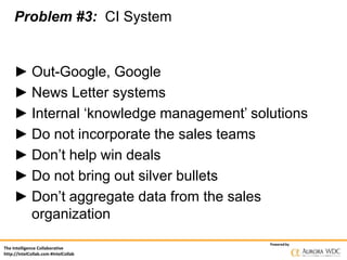 The Intelligence Collaborative
http://IntelCollab.com #IntelCollab
Poweredby
Problem #3: CI System
► Out-Google, Google
► ...