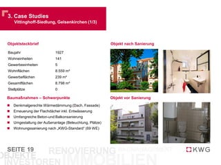 SEITE
3. Case Studies
Vittinghoff-Siedlung, Gelsenkirchen (1/3)
19
Baumaßnahmen – Schwerpunkte
 Denkmalgerechte Wärmedämmung (Dach, Fassade)
 Erneuerung der Flachdächer inkl. Entwässerung
 Umfangreiche Beton-und Balkonsanierung
 Umgestaltung der Außenanlage (Beleuchtung, Plätze)
 Wohnungssanierung nach „KWG-Standard“ (69 WE)
Objektsteckbrief Objekt nach Sanierung
Baujahr 1927
Wohneinheiten 141
Gewerbeeinheiten 5
Wohnflächen 8.559 m²
Gewerbeflächen 239 m²
Gesamtflächen 8.798 m²
Stellplätze 0
Objekt vor Sanierung
 