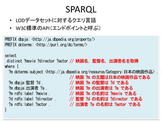 SPARQL
• LODデータセットに対するクエリ言語
• W3C標準のAPI（エンドポイントと呼ぶ）
PREFIX dbpja: <http://ja.dbpedia.org/property/>
PREFIX dcterms: <http://purl.org/dc/terms/>
select
distinct ?movie ?director ?actor // 映画名，監督名，出演者名を取得
where {
?m dcterms:subject <http://ja.dbpedia.org/resource/Category:日本の映画作品> .
// 映画 ?m の主題は日本の映画作品である
?m dbpja:監督 ?d . // 映画 ?m の監督は ?d である
?m dbpja:出演者 ?a . // 映画 ?m の出演者は ?a である
?m rdfs:label ?movie . // 映画 ?m の名前は ?movie である
?d rdfs:label ?director . // 監督 ?d の名前は ?director である
?a rdfs:label ?actor . // 出演者 ?a の名前は ?actor である
}
 