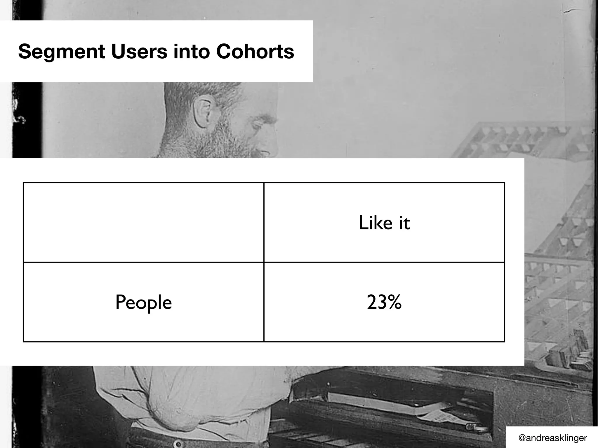 Segment Users into Cohorts
Like it
People 23%
@andreasklinger
 