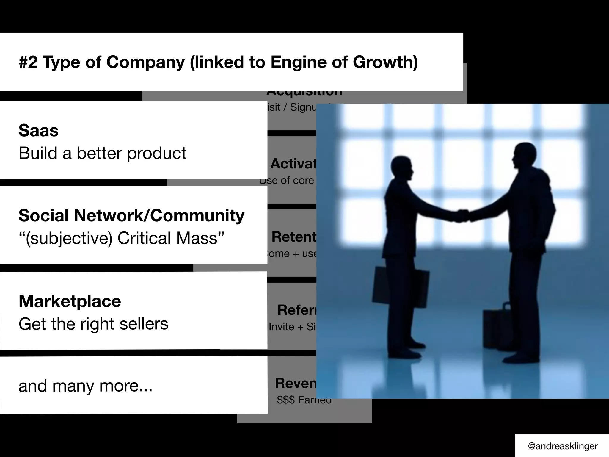 Acquisition
Visit / Signup / etc
Activation
Use of core feature
Retention
Come + use again
Referral
Invite + Signup
Revenue
$$$ Earned
#2 Type of Company (linked to Engine of Growth)
Saas
Build a better product
Social Network/Community
“(subjective) Critical Mass”
Marketplace
Get the right sellers
and many more...
@andreasklinger
 