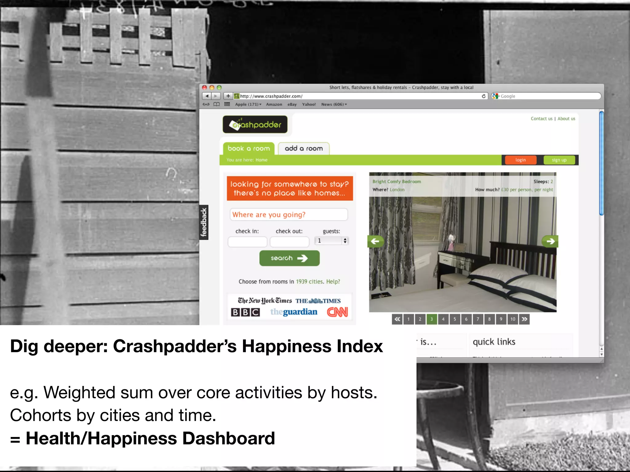 Dig deeper: Crashpadder’s Happiness Index
e.g. Weighted sum over core activities by hosts.
Cohorts by cities and time.
= Health/Happiness Dashboard
 