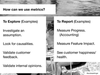 How can we use metrics?
To Explore (Examples)
Investigate an
assumption.
Look for causalities.
Validate customer
feedback.
Validate internal opinions.
To Report (Examples)
Measure Progress.
(Accounting)
Measure Feature Impact.
See customer happiness/
health.
@andreasklinger
 