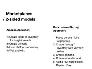Marketplaces
/ 2-sided models
Amazon Approach:
1) Create loads of inventory
for longtail search
2) Create demand
3) Have shitloads of money.
4) Wait and win.
Boticca (aka Startup)
Approach:
1) Focus on one niche
Targetgroup
2) Create “enough”
inventory with very few
sellers
3) Create demand
4) Create more demand
5) Add a few more sellers.
Repeat. Pray.
 