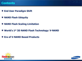 Contents
End User Paradigm Shift
NAND Flash Ubiquity

NAND Flash Scaling Limitation
World’s 1st 3D NAND Flash Technology: V-NAND
Era of V-NAND Based Products

 