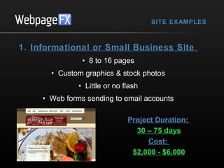 SITE EXAMPLES

1. Informational or Small Business Site
• 8 to 16 pages
• Custom graphics & stock photos
• Little or no flash
• Web forms sending to email accounts
Project Duration:
30 – 75 days
Cost:
$2,000 - $6,000

 