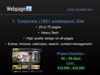 SITE EXAMPLES

2. Corporate (100+ employees) Site
• 25 to 75 pages
• Heavy flash
• High quality design on all pages
• Extras: Intranet, calendars, search, content management
Project Duration:
60 – 90 days
Cost:
$10,000 - $25,000

 