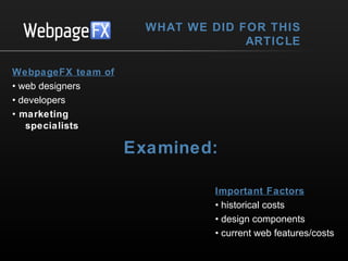 WHAT WE DID FOR THIS
ARTICLE
WebpageFX team of
• web designers
• developers
• marketing
specialists

Examined:
Important Factors
• historical costs
• design components
• current web features/costs

 