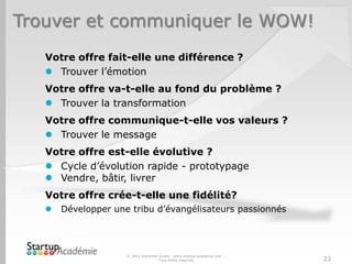 Trouver et communiquer le WOW!
Votre offre fait-elle une différence ?
 Trouver l’émotion
Votre offre va-t-elle au fond du problème ?
 Trouver la transformation
Votre offre communique-t-elle vos valeurs ?
 Trouver le message
Votre offre est-elle évolutive ?
 Cycle d’évolution rapide - prototypage
 Vendre, bâtir, livrer
Votre offre crée-t-elle une fidélité?
 Développer une tribu d’évangélisateurs passionnés
© 2012 Davender Gupta - www.startup-academie.com –
Tous droits réservés 23
 