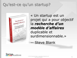 Qu’est-ce qu’un startup?
© 2013 Davender Gupta - www.startup-academie.com
Tous droits réservés 5
« Un startup est un
projet qui a pour objectif
la recherche d’un
modèle d’affaires
duplicable et
surdimensionnable.»
-- Steve Blank
 