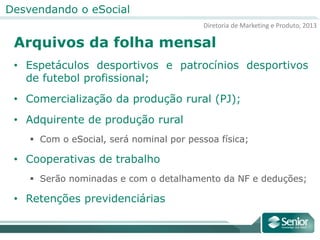 Diretoria de Marketing e Produto, 2013
Desvendando o eSocial
Arquivos da folha mensal
• Espetáculos desportivos e patrocínios desportivos
de futebol profissional;
• Comercialização da produção rural (PJ);
• Adquirente de produção rural
 Com o eSocial, será nominal por pessoa física;
• Cooperativas de trabalho
 Serão nominadas e com o detalhamento da NF e deduções;
• Retenções previdenciárias
 