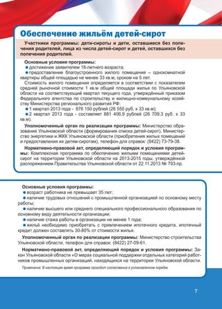 Îáåñïå÷åíèå æèëü¸ì äåòåé-ñèðîò
Участники программы: дети-сироты и дети, оставшиеся без попечения родителей, лица из числа детей-сирот и детей, оставшихся без
попечения родителей.
Основные условия программы:
достижение заявителем 18-летнего возраста;
предоставление благоустроенного жилого помещения – однокомнатной
квартиры общей площадью не менее 33 кв.м, сроком на 5 лет.
Стоимость жилого помещения определяется в соответствии с показателем
средней рыночной стоимости 1 кв.м общей площади жилья по Ульяновской
области на соответствующий квартал текущего года, утверждённый приказом
Федерального агентства по строительству и жилищно-коммунальному хозяйству Министерства регионального развития РФ:
1 квартал 2013 года - 876 150 рублей (26 550 руб. х 33 кв.м);
2 квартал 2013 года - составляет 881 406,9 рублей (26 709,3 руб. х 33
кв.м).
Уполномоченный орган по реализации программы: Министерство образования Ульяновской области (формирования списка детей-сирот), Министерство энергетики и ЖКК Ульяновской области (приобретения жилых помещений
и предоставления их детям-сиротам), телефон для справок: (8422) 73-79-38.
Нормативно-правовой акт, определяющий порядок и условия программы: Комплексная программа по обеспечению жилыми помещениями детейсирот на территории Ульяновской области на 2013-2015 годы, утверждённой
распоряжением Правительства Ульяновской области от 22.11.2013 № 793-пр.

Основные условия программы:
возраст работника не превышает 35 лет;
наличие трудовых отношений с промышленной организацией по основному месту
работы;
наличие высшего или среднего специального профессионального образования по
основному виду деятельности организации;
наличие стажа работы в организации не менее 1 года;
жильё необходимо приобретать с привлечением ипотечного кредита, ипотечный
кредит должен составлять 30-80% от стоимости жилья.
Уполномоченный орган по реализации программы: Министерство строительства
Ульяновской области, телефон для справок: (8422) 27-09-61.
Нормативно-правовой акт, определяющий порядок и условия программы: Закон Ульяновской области «О мерах социальной поддержки отдельных категорий работников промышленных организаций, находящихся на территории Ульяновской области.
Примечание: В настоящее время программа проходит согласование в установленном порядке.

7

 
