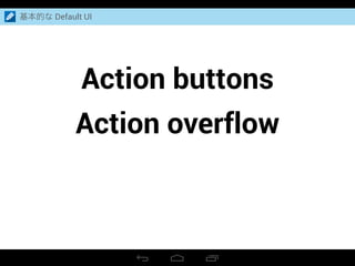 Action buttons
Action overflow
基本的な Default UI
 