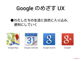 •わたしたちの生活に自然に入り込み、
便利にしていく
Google Map Google Calendar Google Search
> Google Now
Google+
Google のめざす UX
 