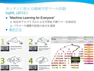 カンタンに使える機械学習ツール(1/2)
bigML (2012-)
 “Machine Learning for Everyone”
 決定木アルゴリズムによる学習＆予測フローを固定化
 パラメータ調整や結果の表示を重視
 動作デモ
 
