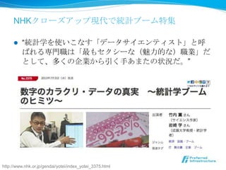NHKクローズアップ現代で統計ブーム特集
 “統計学を使いこなす「データサイエンティスト」と呼
ばれる専門職は「最もセクシーな（魅力的な）職業」だ
として、多くの企業から引く手あまたの状況だ。”
http://www.nhk.or.jp/ge...