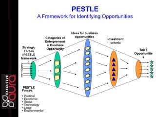 Strategic
Forces
(PESTLE
framework
)
Categories of
Entrepreneuri
al Business
Opportunity
Ideas for business
opportunities
Investment
criteria
Top 5
Opportunitie
s
P
E
S
T
L
E
PESTLE
Forces:
• Political
• Economic
• Social
• Technology
• Legal
• Environmental
PESTLE
A Framework for Identifying Opportunities
 